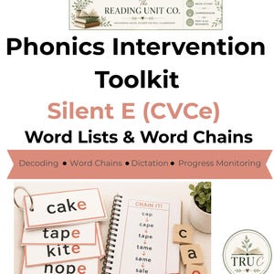 May include: A Phonics Intervention Toolkit for Silent E (CVCe) featuring word lists and word chains. The resource includes a ring of cards with words like cake, tape, kite, and nope, a spiral-bound notebook with a word chain, and wooden letter tiles.