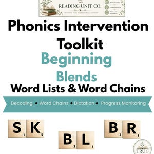 May include: A Phonics Intervention Toolkit educational resource featuring the text Beginning Blends Word Lists & Word Chains. It includes a logo for The Reading Unit Co. and wooden letter tiles displaying the blends SK, BL, and BR with numerical values.