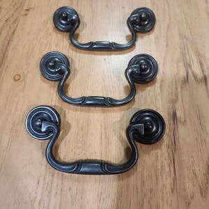 Vintage Solid Brass Bail Pulls, 3.5" Center to Center, Dark Aged Patina Drop Handles with Rosettes, Replacement Furniture Hardware