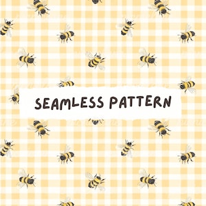 She’s Found Her Honey Digital Paper, Seamless Bee Pattern, Yellow Gingham Baby Shower Background, Bridal Shower, Hen, Commercial Use Pattern