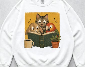 Felpa con animali che leggono, grafica di gatto, coniglio, pappagallo e libro, felpa girocollo per amanti dei libri, regalo accogliente per lettori, maglione con animali stravaganti