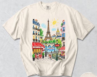 Paris T-Shirt, Eiffel Tower Cafe Sketch, Colorful French Cityscape Graphic Tee, Comfort Colors® France Travel Souvenir Gift