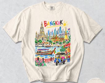 T-shirt di Bangkok, con disegno di un tempio, un tuk-tuk e un fiume, maglietta grafica colorata della città thailandese, souvenir di viaggio Comfort Colors®