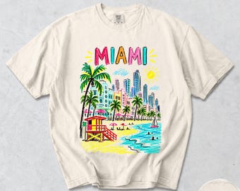 Miami T-Shirt, Colorful Beach City Graphic, Palm Tree Skyline Travel Tee, Comfort Colors® Florida Vacation Souvenir