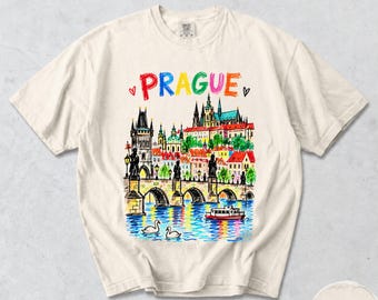 T-shirt di Praga, Repubblica Ceca, con grafica del Ponte Carlo, maglietta da viaggio europea colorata, souvenir di Praga Comfort Colors®