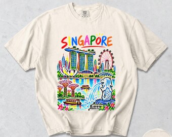 Singapore T-Shirt, Marina Bay Merlion Skyline Sketch, Colorful City Graphic Tee, Comfort Colors® Travel Souvenir Gift