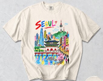 Seoul T-Shirt, Gyeongbokgung N Seoul Tower Sketch, Colorful Korea City Graphic Tee, Comfort Colors® Travel Souvenir Gift