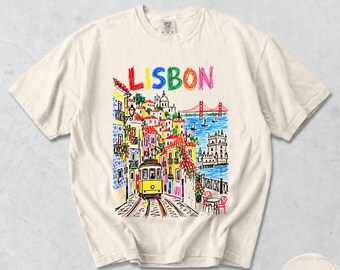 Lisbon T-Shirt, Tram 28 Belem Tower City Sketch, Colorful Portugal Graphic Tee, Comfort Colors® Travel Souvenir Gift
