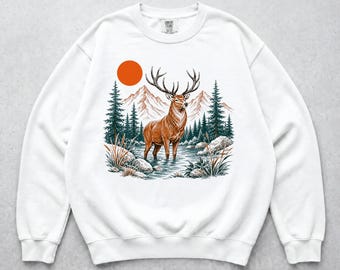 Felpa vintage anni '90 con alce, girocollo con grafica di montagna e fauna selvatica, pullover retrò ispirato alla natura selvaggia, regalo per gli amanti della natura