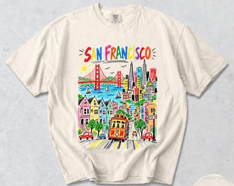 San Francisco T-Shirt, Golden Gate Bridge Cable Car Graphic, Colorful California Travel Tee, Comfort Colors® City Souvenir