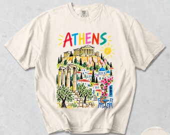 Athens T-Shirt, Acropolis Parthenon City Sketch, Colorful Greece Graphic Tee, Comfort Colors® Athens Travel Souvenir Gift