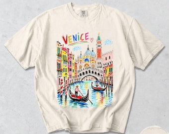 Venice T-Shirt, Gondola Rialto Bridge Canal Sketch, Colorful Italy City Graphic Tee, Comfort Colors® Travel Souvenir Gift