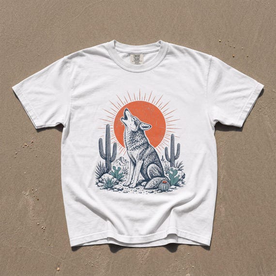 Howling Coyote T-Shirt, Southwest Desert Wildlife Graphic, Retro Cactus Sunburst Art, Comfort Colors® Western Nature Gift