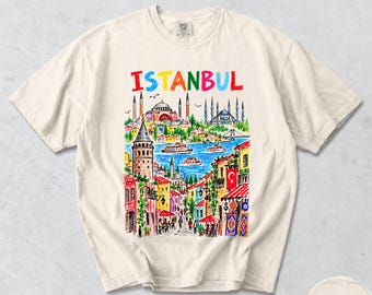 Istanbul T-Shirt, Hagia Sophia Galata Tower Bosphorus Sketch, Colorful Turkey Graphic Tee, Comfort Colors® Travel Souvenir Gift