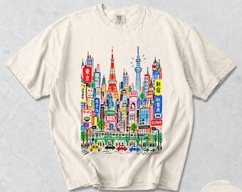 Tokyo T-Shirt, Tokyo Tower Skytree City Sketch, Colorful Japan Skyline Graphic Tee, Comfort Colors® Travel Souvenir Gift