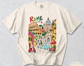 Rome T-Shirt, Colosseum Vatican Trevi Fountain Sketch, Colorful Italy Graphic Tee, Comfort Colors® Rome Travel Souvenir Gift