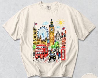 London T-Shirt, Big Ben London Eye Sketch, Colorful UK Landmark Graphic Tee, Comfort Colors® England Travel Souvenir Gift