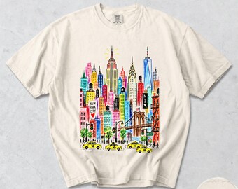 T-shirt di New York City, con schizzo colorato dello skyline di New York e grafica dei monumenti di Manhattan, souvenir di viaggio Comfort Colors®.