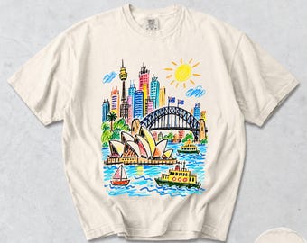 T-shirt di Sydney, con schizzo dell'Opera House e dell'Harbour Bridge, maglietta grafica colorata dell'Australia, souvenir di viaggio Comfort Colors®