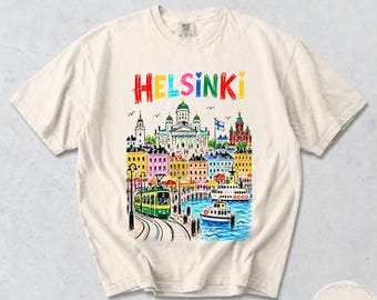 T-shirt di Helsinki, Finlandia, con grafica colorata della città nordica e tema "Porto della Cattedrale", souvenir finlandese Comfort Colors®.