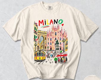 T-shirt Milano, schizzo del tram della Galleria del Duomo di Milano, maglietta grafica colorata dell'Italia, souvenir di viaggio di Milano Comfort Colors®
