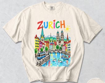 Zurich Switzerland T-Shirt, Swiss Alps City Graphic, Colorful Tram and Lake Travel Tee, Comfort Colors® Swiss Souvenir
