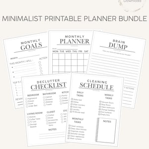 Può includere: Un pacchetto di cinque pagine di pianificazione stampabili con testo nero su carta bianca. Le pagine includono intestazioni per obiettivi mensili, pianificatore mensile, brain dump, lista di decluttering e programma di pulizia con caselle.