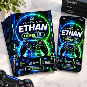 May include: A stack of rectangular birthday invitations and a smartphone displaying a digital version of the same design. The graphic features a black video game controller, neon green and blue circular light effects, and the text "LEVEL UP! ETHAN IS TURNING LEVEL 10" with event details including date, time, location, and RSVP contact information.