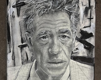 Ritratto originale a carboncino di Alberto Giacometti / Opera d'arte espressionista a tecnica mista da parete