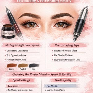 May include: An educational infographic titled The Combo Brow Guide featuring illustrations of eyes, a brow pigment jar, and two microblading tools. It includes sections on selecting pigments, microshading tips, machine speed, and needle quality.