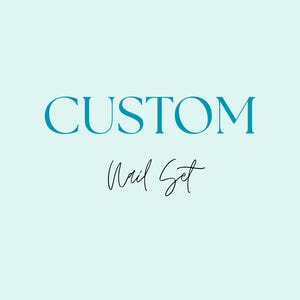 May include: A light mint green background featuring a white wavy line at the top and bottom. The text CUSTOM is printed in a large, bold, dark teal serif font, followed by the text Nail Set in a smaller, black, cursive script font.