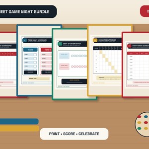May include: A 10-sheet game night bundle digital download featuring various scorecards and trackers with red, blue, green, and yellow accents. The sheets include titles like Classic Scorekeeper, Team Rally Scorecard, and Round Robin Tracker. The text PRINT • SCORE • CELEBRATE is displayed at the bottom.