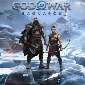 Könnte beinhalten: Das Videospiel-Cover von God of War Ragnarök zeigt zwei Charaktere auf einer gefrorenen, eisigen Landschaft. Ein großer, bärtiger Krieger hält eine silberne Axt, während ein jüngerer Begleiter neben ihm einen hölzernen Bogen mit Pfeil hält.