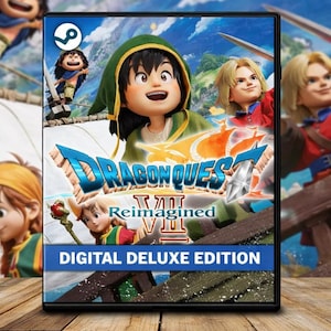 Puede incluir: Una caja de videojuego para Dragon Quest VII Reimagined Digital Deluxe Edition con un personaje central con capucha verde, un personaje rubio y un logo de Steam. La portada muestra figuras animadas en la cubierta de un barco de madera bajo el cielo.