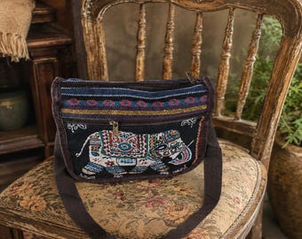 Borsa a tracolla in cotone con motivo elefante tailandese, realizzata a mano, borsa a spalla intrecciata in stile boho