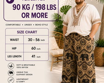 Pantalones de elefante de talla grande para hombre y mujer, pantalones harem bohemios extragrandes, pantalones palazzo de rayón tailandés, pantalones anchos holgados, pantalones largos de 41 pulgadas.