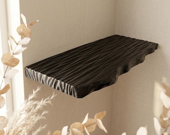 Estante flotante de madera tallada a mano, color negro, en esquina, estantería de madera maciza, estantes de exhibición únicos.