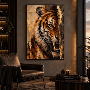 May include: A rectangular wall art print featuring a close-up of a tiger's face with its mouth open, revealing teeth. The artwork incorporates textured gold leaf accents against a dark, moody background, highlighting the tiger's orange and black fur.