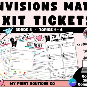 Könnte beinhalten: Envisions Math Exit Tickets für die 4. Klasse, Themen 1-4. Diese druckbaren und digitalen Arbeitsblätter enthalten mathematische Aufgaben, Symbole zur Selbsteinschätzung sowie Felder für Namen und Datum der Schüler auf weißem Papier.