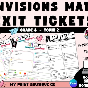 May include: Envisions Math Exit Tickets for Grade 4, Topic 2. The set includes printable and digital worksheets for addition and subtraction. Each page features math problems, a self-check section with emojis, and a space for student names and dates.