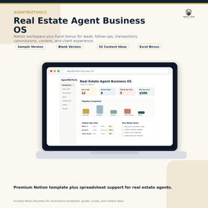 May include: A digital dashboard titled Real Estate Agent Business OS displayed on a laptop screen. The interface features a sidebar menu, metrics for hot leads, active deals, follow-ups, and net forecast, plus a pipeline snapshot and task list.