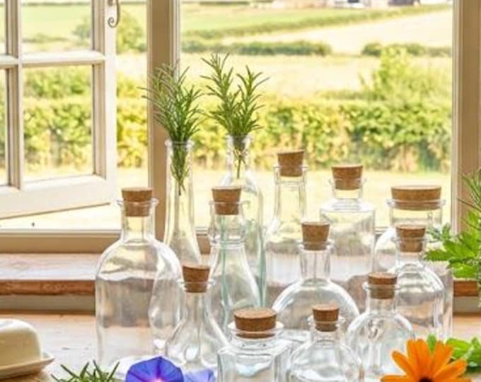 Set Vintage Style Corked Glass Bottles, Potion Spell Jars - Set of 8 or 9