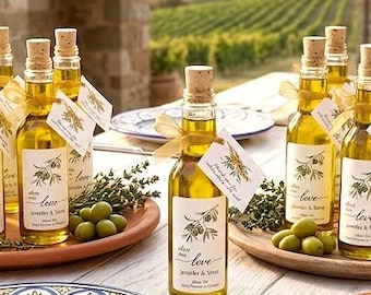 Botellas vacías de aceite de oliva de 5 oz con etiquetas personalizadas, ideales para recuerdos de boda.