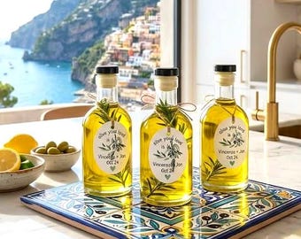 Set 3.5oz Empty Glass Olive Oil Bottles with Custom Tags, Corked Favors