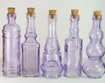 Assorted Shapes 5 Inch Tall Bud Vases Set of 10 Blue Vintage Glass Bottles with Corks