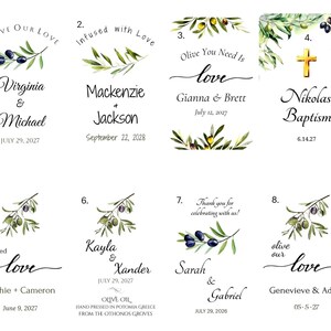 Puede incluir: Ocho dise&ntilde;os con ilustraciones de ramas de olivo y texto. Los dise&ntilde;os incluyen nombres, fechas y frases como "Olive Our Love" e "Infused with Love". El texto est&aacute; en elegantes fuentes de escritura, con ilustraciones de ramas de olivo en acuarela.