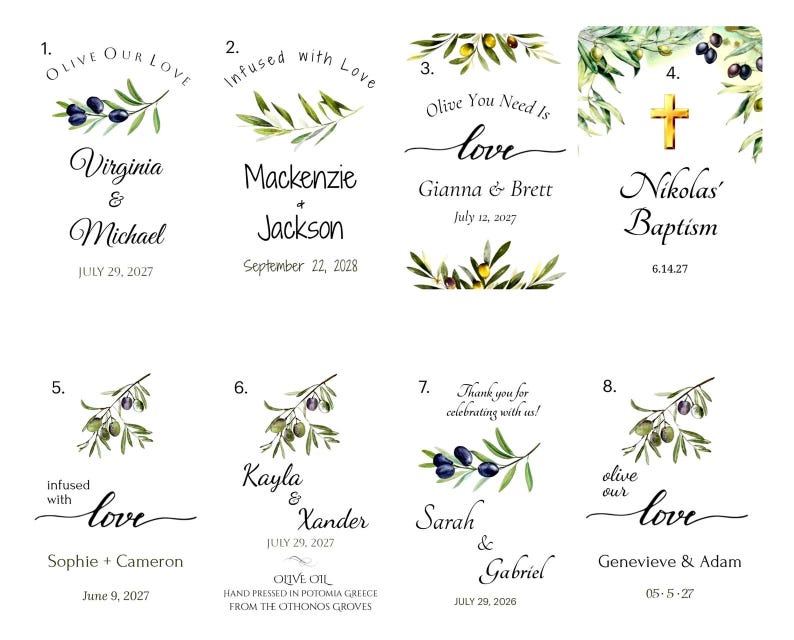 Puede incluir: Ocho dise&ntilde;os con ilustraciones de ramas de olivo y texto. Los dise&ntilde;os incluyen nombres, fechas y frases como "Olive Our Love" e "Infused with Love". El texto est&aacute; en elegantes fuentes de escritura, con ilustraciones de ramas de olivo en acuarela.