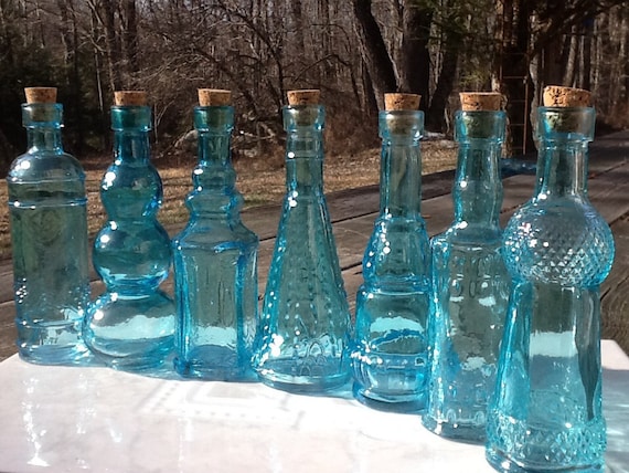 10 Blue Glass Bottles 5 Inches Tall Corks Bottle Collection Blue Glass Blue  Bottles Blue Wedding Decor Vintage Wedding All Different Shapes 