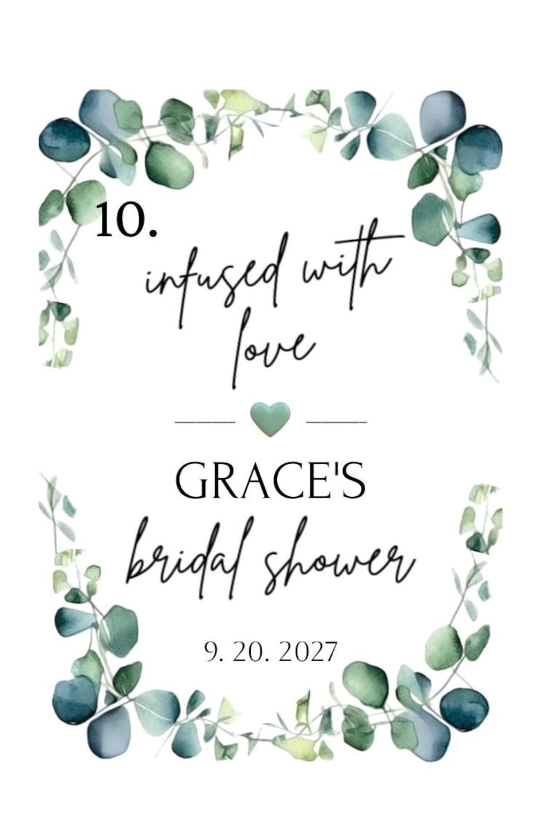Puede incluir: Una invitaci&oacute;n blanca con eucalipto en acuarela y el texto "infused with love" y "Grace's bridal shower" con la fecha 20.09.2027. Un peque&ntilde;o coraz&oacute;n verde est&aacute; en el centro.
