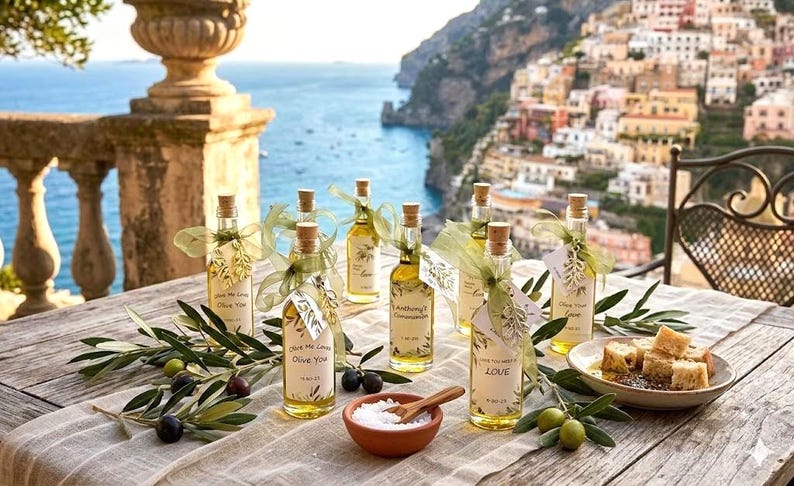 May include: A table set with olive oil bottles, olives, and small dishes. The bottles are clear with cork stoppers and decorative tags. Green ribbons and olive branches add to the presentation. The background features a coastal view with buildings.
